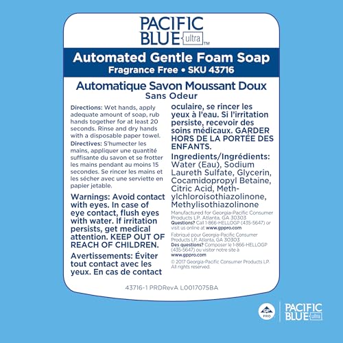 Pacific Blue Ultra Gentle Foam Hand Soap Refill (43716), Compatible Only With Pacific Blue Ultra Automated Touchless Dispenser, Dye and Fragrance Free, 40.5 FL OZ Per Refill, 3 Refills Per Case