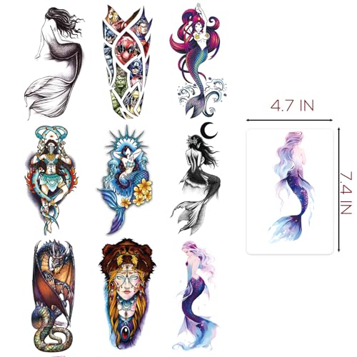 10 Sheets Temporary Tattoos - Mermaid, Dragon & Tribal Girl Designs, Waterproof Fake Tattoo Stickers for Adults & Kids, Lasts 2-5 Days