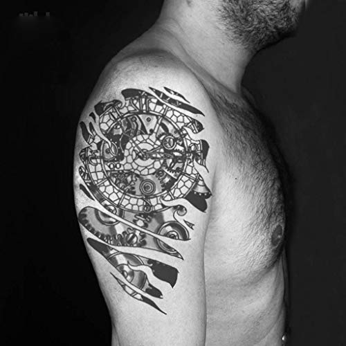 6 Sheets Temporary Tattoo Stickers Muscle Men Black 3D Mechanical Metal Arm Hollow Gear Shoulder Leg