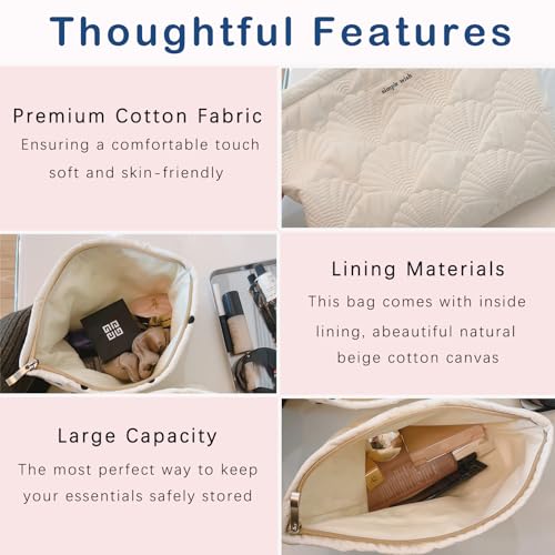 2Pcs Quilted Cotton Coquette Makeup bag, Coastal Granddaughter Aesthetic Cosmetic Bag, Cute Seashell Portable Travel Toiletry Pouch (2Pcs White)