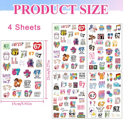 102Pcs 6 7 Meme Temporary Tattoos, Funny Number Six Seven Tattoo Stickers Waterproof Party Favors Decoration Supplies