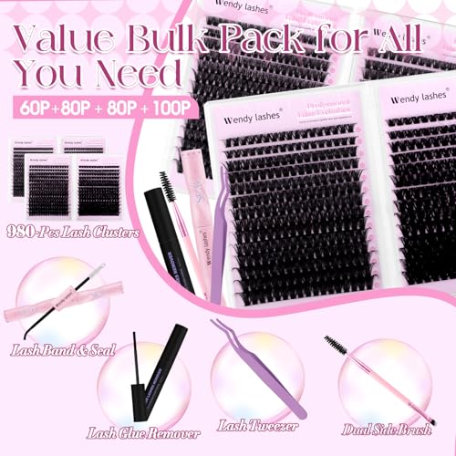 Wendy Lash Clusters Kit Packs: 980-Pcs, 60D, 80D, 80D, 100D, D Curl, 10-18mm Mixed, Cat Eye, Soft, Natural, Fluffy, DIY Eyelash, Individual, Eye lash clusters, Bulk Pack