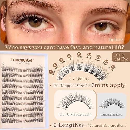 TOOCHUNAG Eyelash Clusters Lash Extension Kit Natural Cluster Eyelash Extensions Wispy Individual Lashes Clusters Kit with Clear Lash Glue and Eyelash Clusters Tweezers(180pcs)