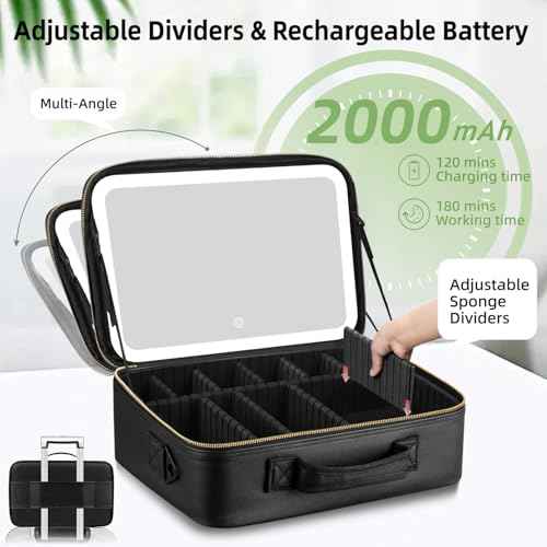 15¡°¡¿11¡°Professional Makeup Train Case,Large Waterproof Travel Makeup bag with Mirror and Light, Leather Black Make up Bag with Mirror and Light,Led Makeup Case with Adjustable Dividers