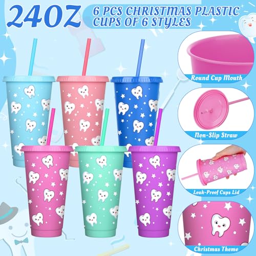 24 Pcs Dental Assistant Gifts Set 24 oz Teeth Plastic Tumbler Cup with Lid Straw Tooth Cosmetic Bag Novelty Teeth Sock Tooth Shape Keychains Dentist Hygienist Accessories for Women