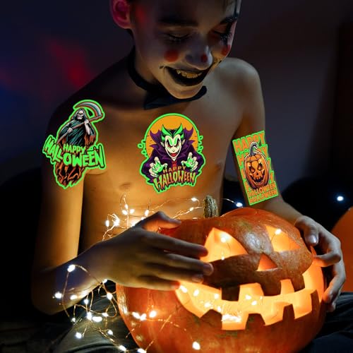 winthrop 100 Pcs Luminous Halloween Temporary Tattoos for Kids, Individually Wrapped Glow In the Dark Waterproof Large Size Tattoos,Trick or Treat, Best Choice for Halloween Candy Bag, 25 Designs