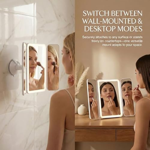 Trifold LED Vanity Mirror with Lights, Bathroom Shower Mirror with Powerful Suction Mount, Rechargeable Makeup Mirror with 2X/3X Magnification, 3 Color Lights & Brightness Adjustable