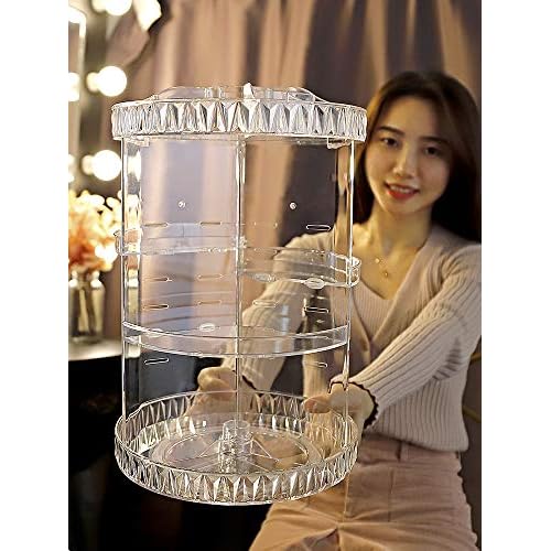 PJLANDI Acrylic 360 Degree Rotation Makeup Organizer, Cosmetic Storage holder shelf rack Perfume in Bathroom Dresser Diamond Pattern for skin care stand