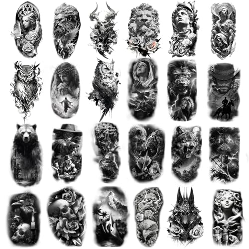 24 Sheets 8-Inch Temporary Tattoos Fake Tattoos Temporary Tattoos Adult Tatuajes Temporales Para Hombres 3D Halloween Style Lion Tiger Skull Jesus Angel Cowboy Mythology