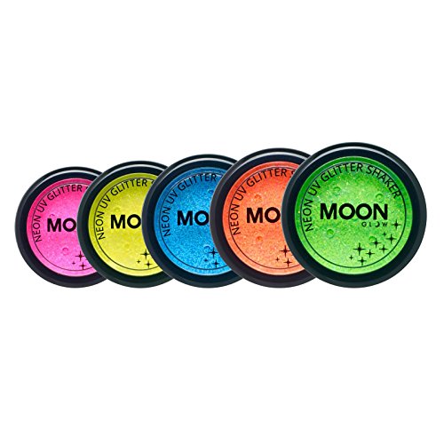 Moon Glow - Blacklight Neon UV Glitter Shaker 0.18oz Set of 5 + Glitter Fix Gel - Glows Brightly Under Blacklights/UV Lighting!