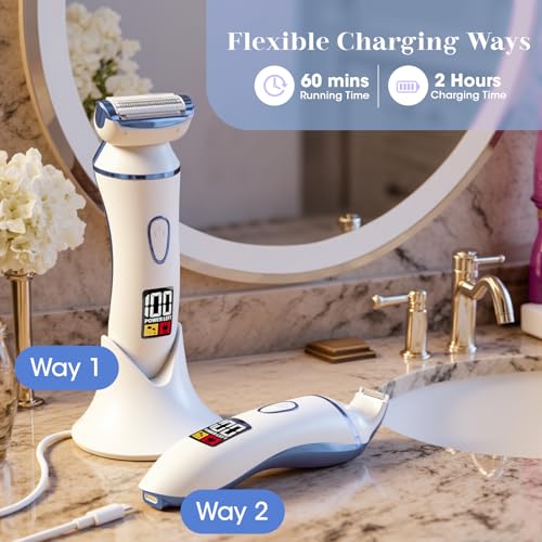 4 in 1 Electric Shaver for Women with Facial Brush, Electric Razor for Legs Underarm Pubic Hair, Bikini Trimmer IPX7 Portable Body Hair Removal, Wet & Dry Use, Rechargeable Grooming Kit, Light Blue