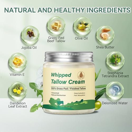 Beef Tallow for Skin, Organic Grass Fed Whipped Beef Tallow Balm for Face & Body, Natural Unscented Tallow Face Moisturizer Cream Deeply Nourishes and Hydrates the Dry Skin, 4oz