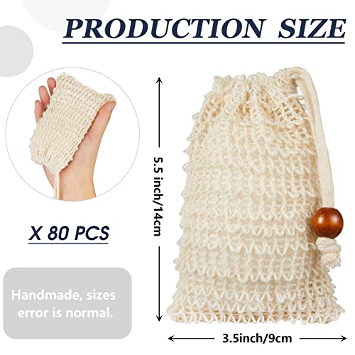 Cunhill 80 Pack Soap Saver Bag Exfoliating Soap Pouch with Drawstring Bar Wooden Bead Foaming and Drying Exfoliating Net for Bath and Shower (3.5x5.5 Inch)