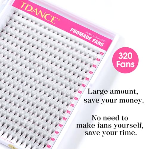 TDANCE Premade Eyelash Extensions 320 Fans - Heat Bonded Middle Stem Volume Lash Fans (320-10D-0.03-C-8-15mm)