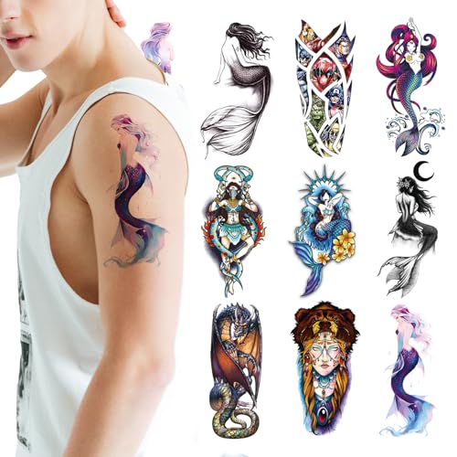 10 Sheets Temporary Tattoos - Mermaid, Dragon & Tribal Girl Designs, Waterproof Fake Tattoo Stickers for Adults & Kids, Lasts 2-5 Days