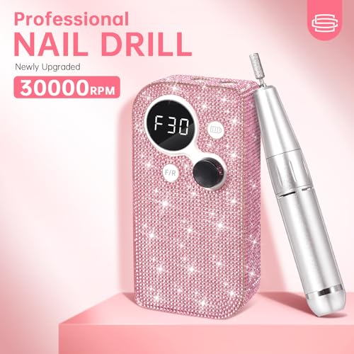 30000RPM Cordless Nail Drill Sparkling Portable Professional Electric Nail File with 12 Drill Bit for Acrylic Gel Nails Professional Nail Tools for Manicure Pedicure Pink Diamond