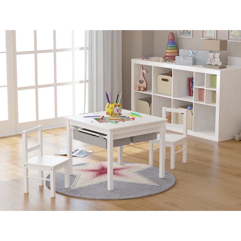 Kids Construction Play Table and Chair Set with Storage - White