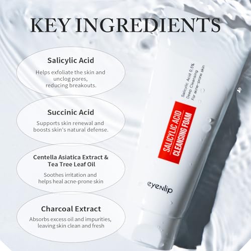 Salicylic Acid Cleansing Foam 5.07 fl oz - Gentle Exfoliating Face Wash with Tea Tree and Charcoal for Clear, Refreshed Skin, Korean Skincare