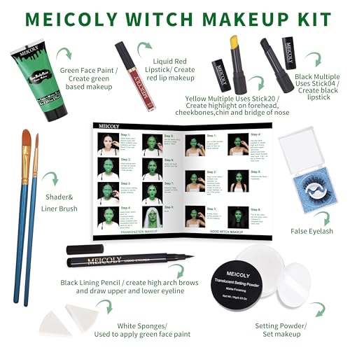 MEICOLY Complete Green Witch Makeup Kit,Wicked Costume Halloween SFX Frankenstein Makeup Set,Elphaba Green Face Paint for Character Cosplay Stage Performance Theater,Setting Powder,Yellow Face Paint
