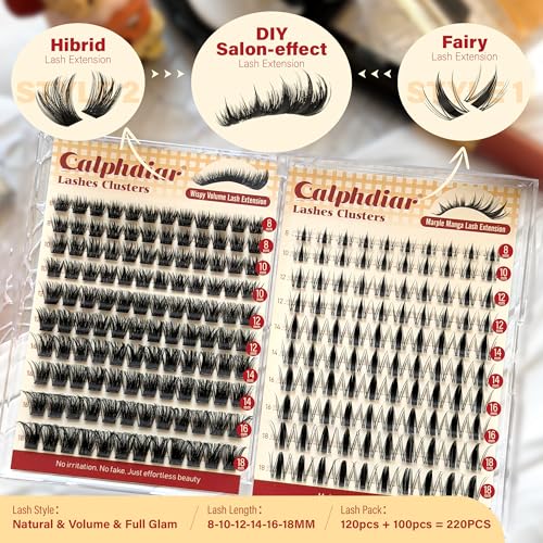 Calphdiar Lash Clusters Wispy & Manga Eyelash Clusters 8-18MM DIY Volume Lash Extensions C Curl Individual Lashes for Daily Wear & Glam Looks Reusable Lash Clusters for Beginners