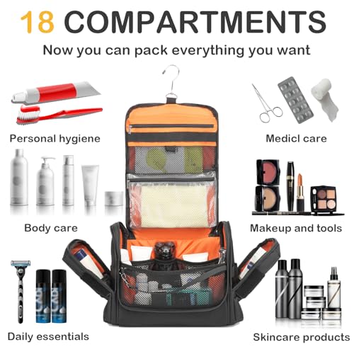 Tactical Toiletry Bag for Men - Hanging Mens Toiletry Travel Bag Shower Bathroom Organizer for Traveling, Shaving & Toiletries Kit, Portable Hygiene Bag with Handle & Swivel Hook, Black