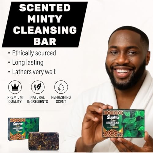 Raw natural authentic organic African black soap bar for acne and dark spots, face and body ghana black african soap scented with mint.