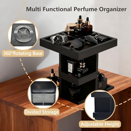 Black Cologne Organizer for Men, Cologne Rack Stand with 360¡Æ Rotate, 3 Tier Wooden Perfume Shelf, Desk Organizer, For Dad Husband Boyfriend Birthday Valentine's Day Gifts