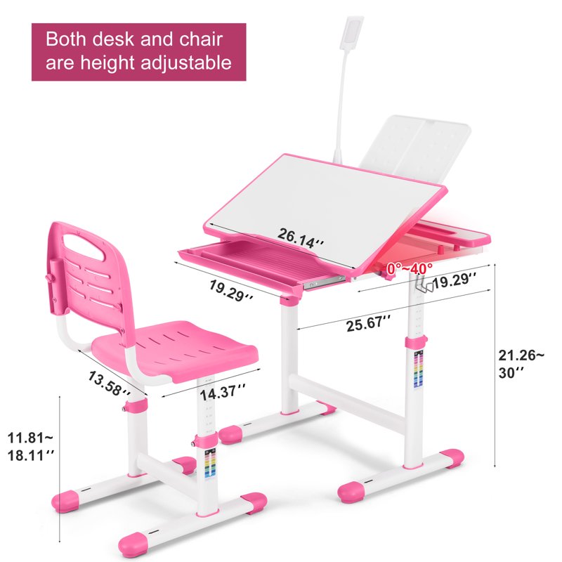 Kids Study Desk and Chair Set with Adjustable Height, Writing Board & LED Lamp