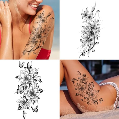 EMOME 12 Sheets Sexy Temporary Tattoos for Women, Half Arm Flowers Fake Tattoos Sleeve, Temp Realistic Tattoo Stickers for Adults Girls Shoulder Arm Leg Back