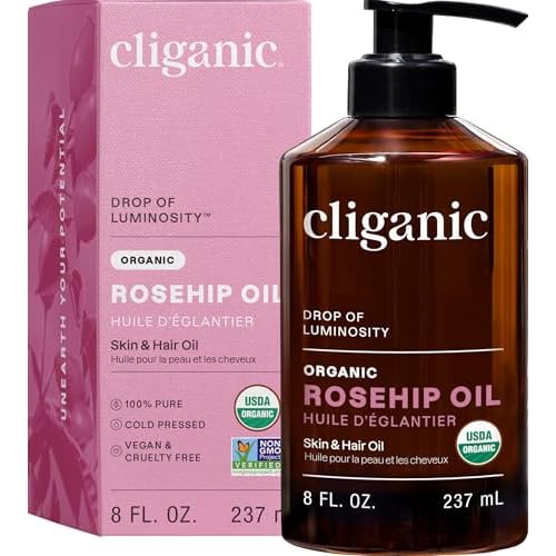 Cliganic Organic Rosehip Seed Oil for Face, 100% Pure | Natural Cold Pressed Unrefined Non-GMO | Carrier Oil for Skin, Hair & Nails (Packaging May Vary)