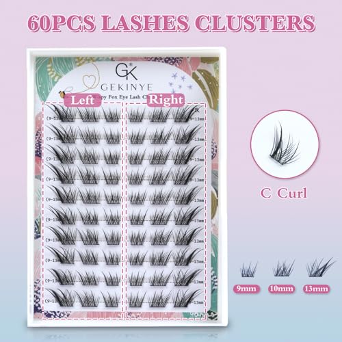 Fox Eye Lash Clusters Wispy: Natural Left & Right Individual Lashes 60 Pcs DIY Eyelash Extensions 9-13mm Cluster Lashes
