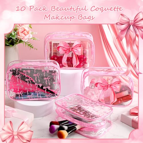 Kacctyen 10 Pcs Pink Bow Clear Makeup Bags Coquette Cosmetic Bag Women Girl for Preppy Bow Gift Accessories PVC Waterproof Travel Toiletry Pouch for Friend Gift