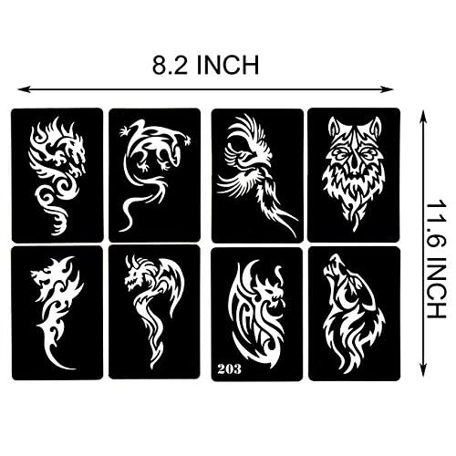 4 Sheets Temporary Tattoo Stencils, 32pcs Animal Patterns Henna Tattoo Stencil Kit Temporary Glitter Airbrush Tattoo Stencils Arabian Tattoo Stickers for Face Body Paint Art