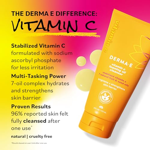 Derma E Vitamin C Foaming Oil Cleanser, 6 Fl Oz, 2-in-1 Oil-to-Foam Face Wash, Makeup Remover, Stabilized Vitamin C & Niacinamide to Help Brighten, Nourish & Strengthen Skin Barrier, Gentle Skin Care