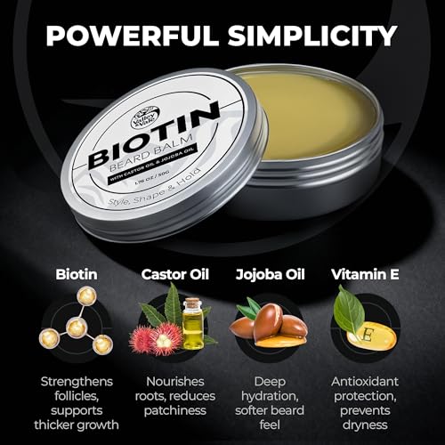 Biotin Beard Balm for Men ? Made in USA ? Beard Growth & Moisturizer with Castor Oil & Jojoba Oil ? Organic Styling Wax for Thickening & Softening ? Mustache Conditioner
