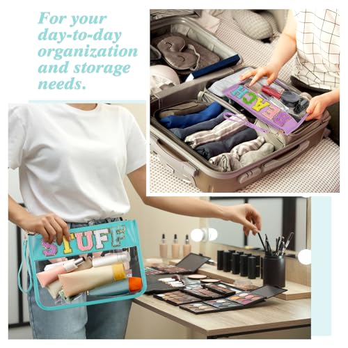 Sanwuta 2 Pcs Chenille Letter Clear Zipper Pouch Clear Snacks Bag Makeup Letter Bag Stadium Purse Transparent Travel Patch Pouch(Cute Stuff, Beach,Blue, Purple)