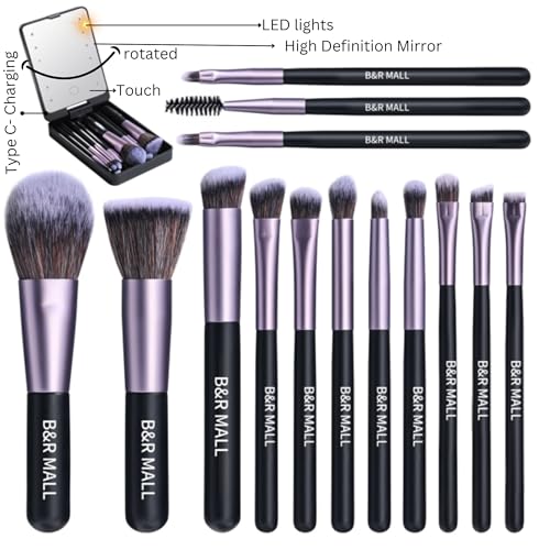 B&R MALL Makeup Brush Set with LED Mirror ? Supper soft Brushes for Flawless Foundation, Concealer, Eyeshadow & More | Lightweight, Versatile, Perfect for On-the-Go Touch-Ups (Purple Black)