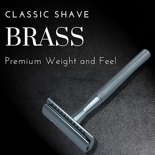Shave Safety Razor with Brass Handle and 5 Platinum Coated Double Edge Safety Razor Blade Refills - Unique Brass Handle from Saki Shears (Steel)