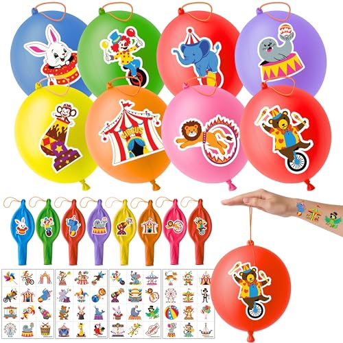 72 PCS Carnival Party Favors for Kids ? 48 Pre-Cut Temporary Tattoos & 24 Punch Balloons Themed Birthday Party Decorations Supplies Favors Gifts, Goodie Bag Fillers, Classroom Rewards