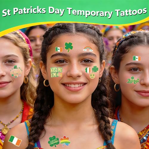 138Pcs St Patricks Day Temporary Tattoos Glitter Shamrock Face Stickers 65 Styles Irish Face Stickers for Women St Pattys Day Accessories for Irish Party Decor(kiss138)