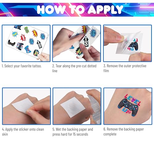 96 PCS Game Pre-Cut Temporary Tattoos Themed for Kids Birthday Party Decorations Supplies Favors Decor Super Cute Tattoo Stickers Sticker 8 Sheets Gifts for Boys Girls Games Classroom Rewards Carnival