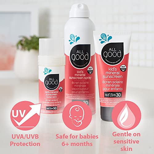 All Good Baby & Kids Sunscreen Lotion for Face & Body - UVA/UVB Broad Spectrum, SPF 30, Zinc Oxide, Coral Reef Friendly, Water Resistant - Zinc, Shea Butter, Coconut Oil, Aloe (3 oz)