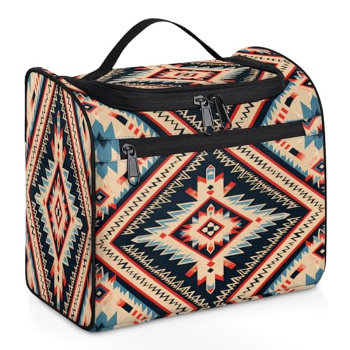 Toiletry Bag with Hanging Hook Makeup Bag Vintage Bohemian Aztec Ethnic Cosmetic Case Travel Organizer for Women Men Traveling Wash Bag