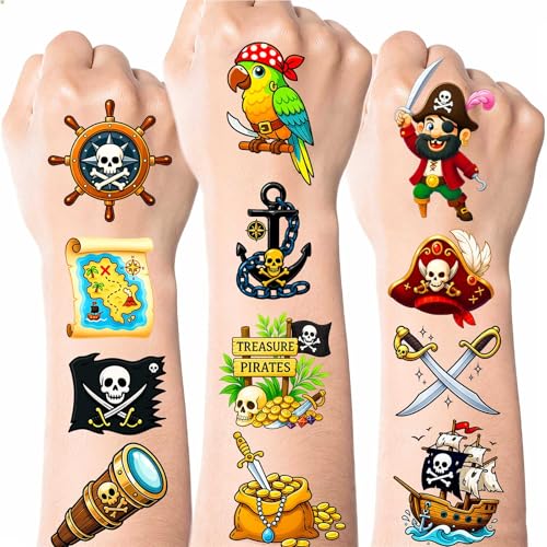 100 Pcs Pirate Temporary Tattoos for Kids,£¨2'' x 2''£©Individually Wrapped Tattoos, Pirate Ship Nautical Themed Birthday Decorations, Party Favors Supplies