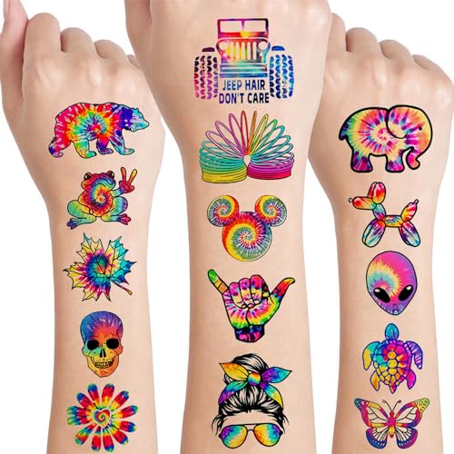 12 Sheets Tie Dye Temporary Tattoos Stickers, Tie Dye Birthday Party Supplies Decorations Cute Colorful Graffiti Fake Tattoos Party Favors Goodie Bag Fillers Party Game Gifts School Classroom Rewards