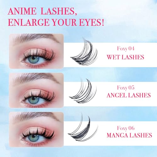 Lash Clusters Kit Manga Lash Clusters D Curl Lashes Clusters Anime Lashes Ultra-Thin Invisible Band 0.05mm Eyelash Extension Kit DIY at Home