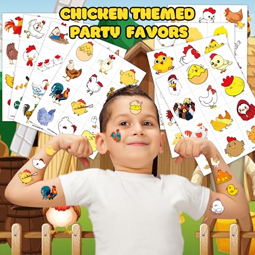 96 PCS Chicken Pre?Cut Temporary Tattoos Birthday Party Decorations Favors Supplies Yellow Chicken Farm Animals Decor Stickers For Girls Boys Gift School Prizes Rewards