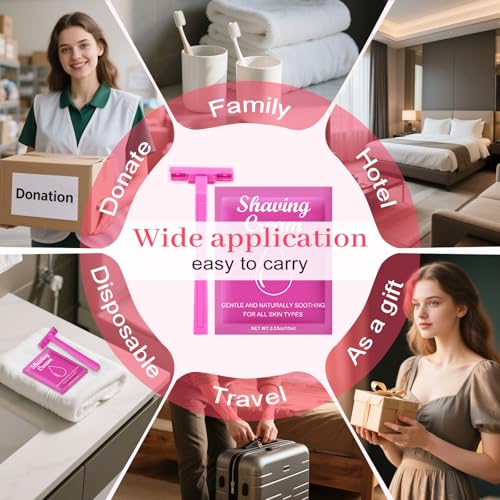 Womens Shaving Cream Bulk Travel and Women's Disposable Razors Individually Wrapped,0.53oz Shave Gel for Women, Care Dry Skin Womens Shave Gel Disposable Razors Women for Travel Guests Homeless£¨10Set£©