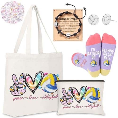 Volleyball Gifts for Girls, Cute Volleyball Gift Set with Socks, Earrings, Makeup Bag & Stickers, Teen Girl Volleyball Player Birthday Gifts