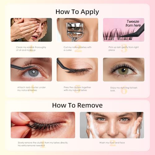 Self-Adhesive Lashes with C Curl Natural Look, 24H Strong Hold, Press On Eyelash Clusters with Invisible Band, Reusable, No Glue/Remover Needed, Beginner Friendly, FayJoo AIRY 12 Pre Glued